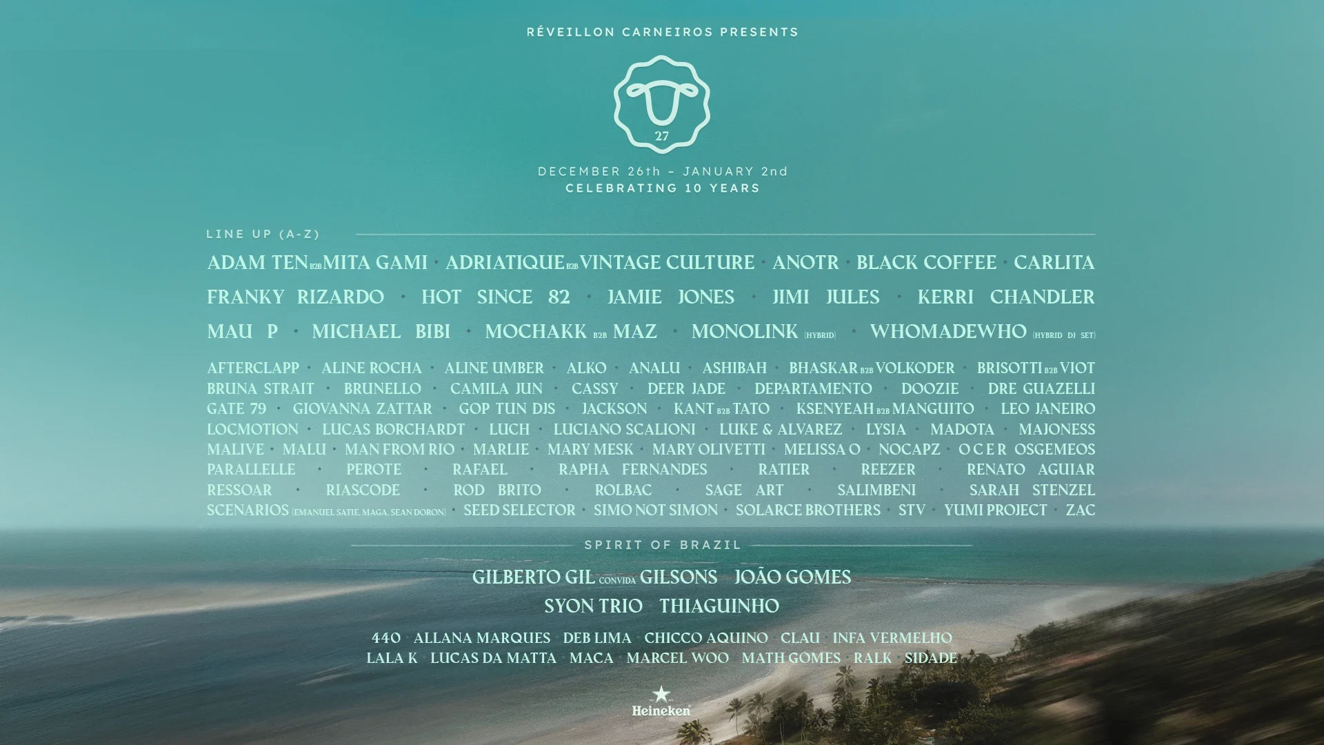 Line-up do Réveillon Carneiros 2026/27, de 26 de dezembro a 2 de janeiro, celebrando 10 anos